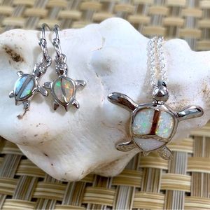 Sterling Silver White Opal Turtle Necklace & Earrings